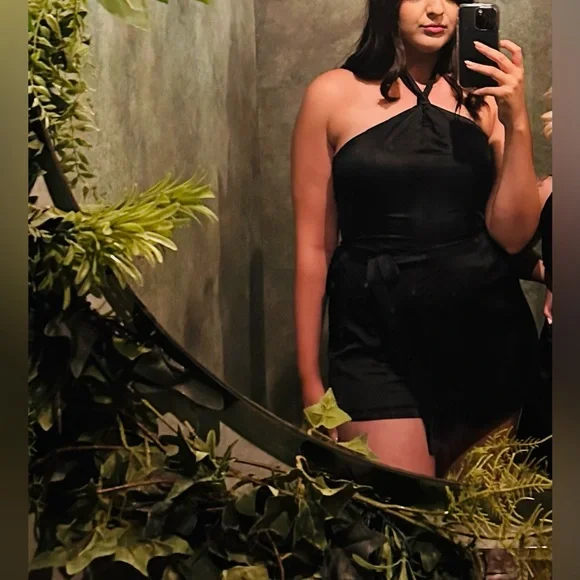 Lulus Alluring Mood Black Satin Halter Side-Tie Skort Romper - Picture 5 of 5